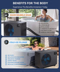 Heavy Hitter Ice Bath Water Chiller And Heater With Smart Touchscreen For Gym Recovery One Horsepower Cold Plunge Cooler beside a warm bubble soak tub.
