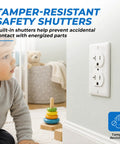 Built Tough 20 Amp Tamper Resistant Duplex Receptacle Outlet 10 Pack Snaps Into Place With Matching Wall Plates Smooth Back Or Side Wire Entry Nema 5 20R White, child near outlet with safety shutters.