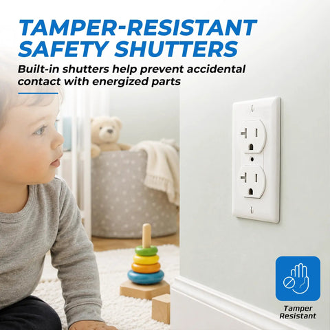 Built Tough 20 Amp Tamper Resistant Duplex Receptacle Outlet 10 Pack Snaps Into Place With Matching Wall Plates Smooth Back Or Side Wire Entry Nema 5 20R White, child near outlet with safety shutters.