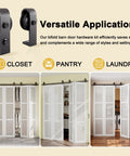 64-Inch Bifold Barn Door Hardware Kit For Four 15-Inch Doors Heavy Duty Five Point Three Foot Bi-Fold System With Top Mount Rollers Smooth Quiet Sliding Includes Two Free Handles For Quiet Operation Every Time shown in closet, pantry, and laundry use