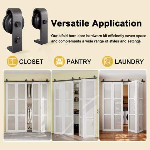 64-Inch Bifold Barn Door Hardware Kit For Four 15-Inch Doors Heavy Duty Five Point Three Foot Bi-Fold System With Top Mount Rollers Smooth Quiet Sliding Includes Two Free Handles For Quiet Operation Every Time shown in closet, pantry, and laundry use