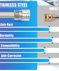 Comparison of stainless steel vs brass materials for Foam Cannon Dual Connector Attachment For Pressure Washers With Five Sprayer Nozzles And Quarter Inch Quick Connect Double Ended Soap Cannon Accessory For No Fuss High Foam Wash, highlighting anti-rust, durability, compatibility, and anti-corrosion benefits of stainless steel.