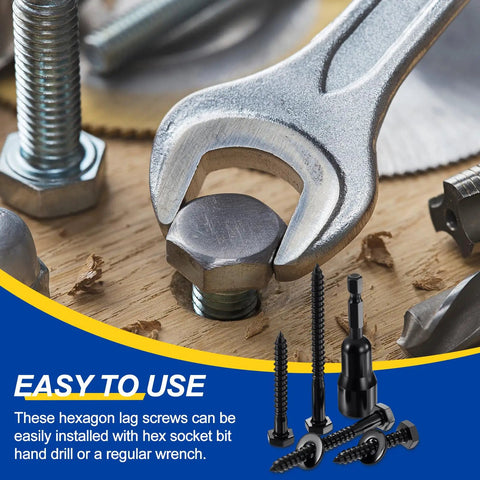Beefy Heavy Duty Stainless Steel 304 Hex Head Lag Screws Kit, 5/16 x 1-1/2 Inch with wrench and wood surface