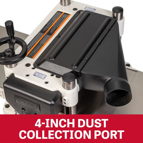 Heavy Duty 15 Inch Thickness Planer 3HP 230V Powerhouse showing 4-inch dust collection port designed for efficient cleanup.