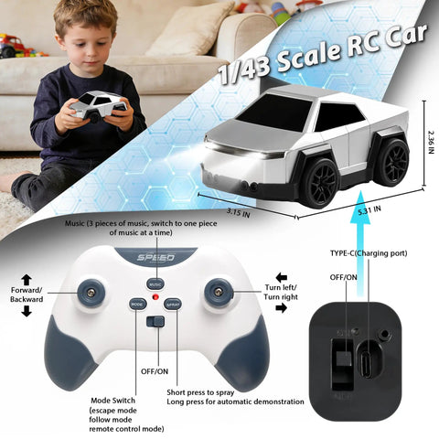 Child playing with Cyber Inspired Remote Control Car With 360 Drift Spray Lights And Sound Effects, Rad Two Point Four GHz RC Truck.