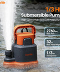 No Fuss Submersible Utility Water Pump 2760 GPH Portable Sump Pump With Copper Motor Plug in water with spray effect.