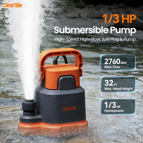 No Fuss Submersible Utility Water Pump 2760 GPH Portable Sump Pump With Copper Motor Plug in water with spray effect.