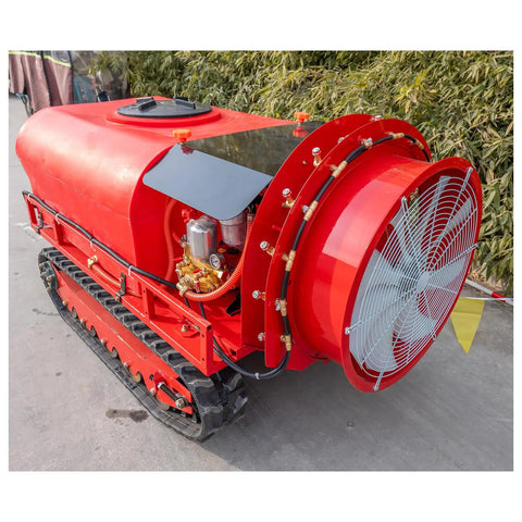 Beefy 400L Remote Control Crawler Sprayer With Dual Brushless Motors and Gasoline Engine, side view of air driven sprayer.