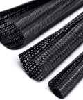Split Cable Sleeve Set For USB Chargers And Audio Video Cables, Black Wire Loom Tubing, three sizes displayed