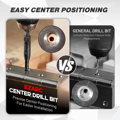 EZARC 14-piece self-centering drill bit set with 1/4 in hex shank and storage box for cabinet hinges