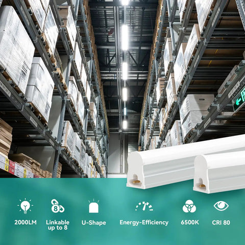 8 Pack 4Ft LED Shop Lights With 2000LM 6500K Super Bright White, 20W Linkable Utility Fixture shown in warehouse ceiling