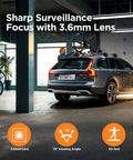 A car in a garage being surveilled by a security camera with 3.6mm lens for 72° viewing angle and 65-feet range.