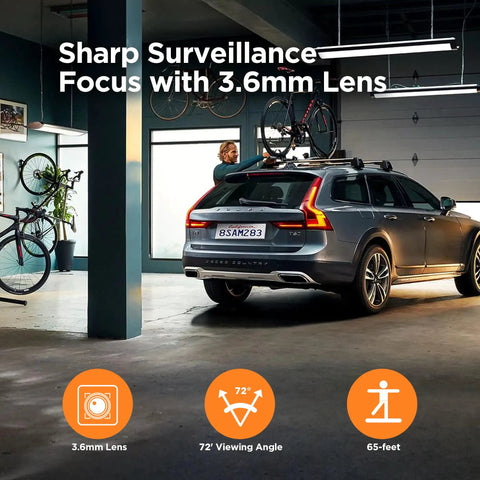 A car in a garage being surveilled by a security camera with 3.6mm lens for 72° viewing angle and 65-feet range.