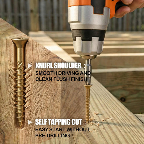 Self-tapping wood deck fasteners being drilled into wooden deck, showcasing knurl shoulder design and tan epoxy coating