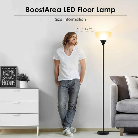 Tall Black LED Floor Lamp With Integrated LED Beads 70.1 Inches Torchiere next to man and sofa in living room setting