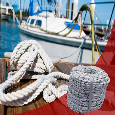 Heavy Duty 3/8 Inch 200 Ft Double Braid Polyester Rope for Outdoor Use on dock with boat background