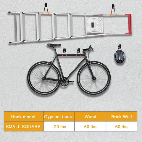 Heavy Duty Wall Hook Set 2 Pack For Garage Storage Durable Metal Wall Mount Hooks holding ladder and bike on wall