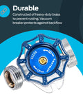 Close-up of brass Six Inch Frost Free Sillcock With Vacuum Breaker for outdoor water supply, featuring large blue wheel handle.