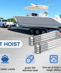 Four Sets Of 304 Stainless Steel Square U Bolts With Nuts And Washers, Half Inch Diameter By Three Inch Wide By Seven And Five Sixteenths Inch Long, Ideal For Boat Trailers And Automobiles Ski Boats, shown with a boat trailer scene
