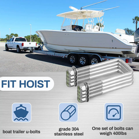 Four Sets Of 304 Stainless Steel Square U Bolts With Nuts And Washers, Half Inch Diameter By Three Inch Wide By Seven And Five Sixteenths Inch Long, Ideal For Boat Trailers And Automobiles Ski Boats, shown with a boat trailer scene