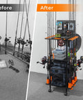 Before and after image of Indoor Fishing Rod Holder Trolley With 3 Tier Shelves And Peg Wall, built in line spooler, locking wheels.