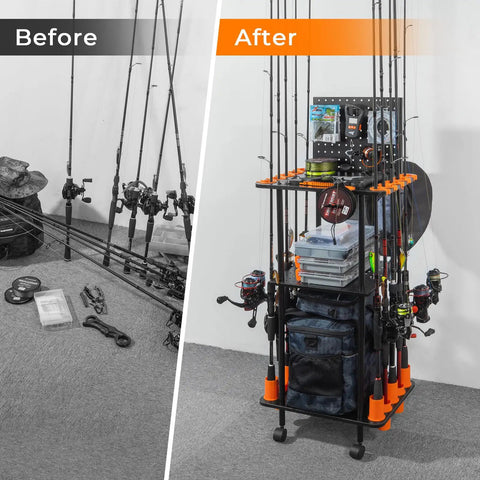 Before and after image of Indoor Fishing Rod Holder Trolley With 3 Tier Shelves And Peg Wall, built in line spooler, locking wheels.