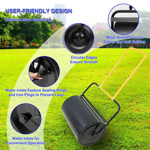 40L Heavy Duty Lawn Roller With U Shaped Handle Your Go To Push Pull Steel Garden Roller For Filling With Water Or Sand in grassy field