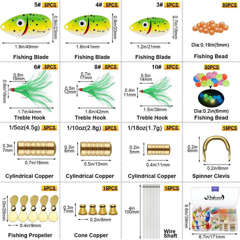 DIY Spinner Lure Kit For Bass Fishing With Inline Spinner Baits, 228-Piece Pack featuring components and packaging details