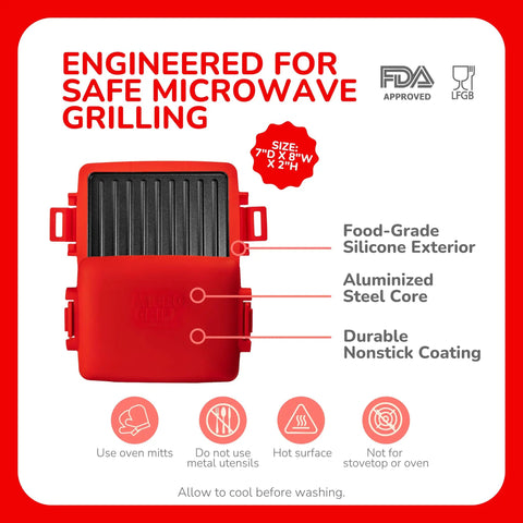 Micro Grill Max Microwave Sandwich Maker With 3 Min Grilled Cheese Capability in red with food-grade silicone exterior and nonstick coating.