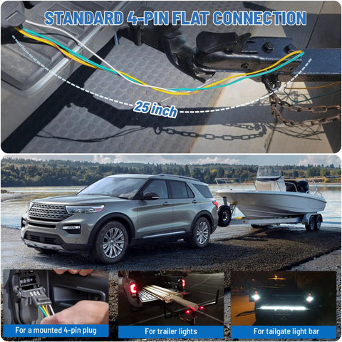 Straight Up Heavy Duty 25 Inch Four Way Flat Trailer Plug With Protective Dust Cover Male 4 Pin WiringHarness Cable connected to a boat trailer.