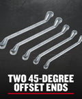 Offset Box End Wrench Set SAE 5 Piece with 45 Degree Angled Ends on black background, showing double offset design.