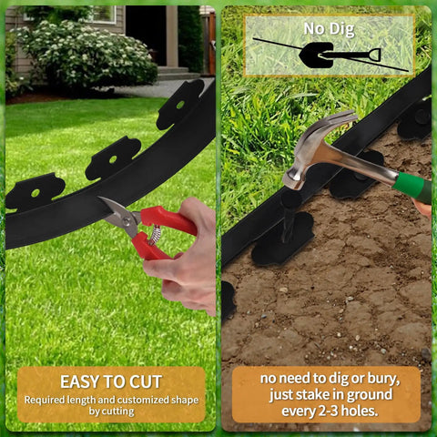 Easy No Dig Landscape Edging Border Kit With Scissors And 20 Spikes two inch tall black plastic shown being cut and staked.