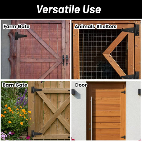 4 Pack 6 Inch T Strap Hinges Heavy Duty Black Outdoor Tee Hinges on farm gate, animal shelter, barn gate, and wooden door