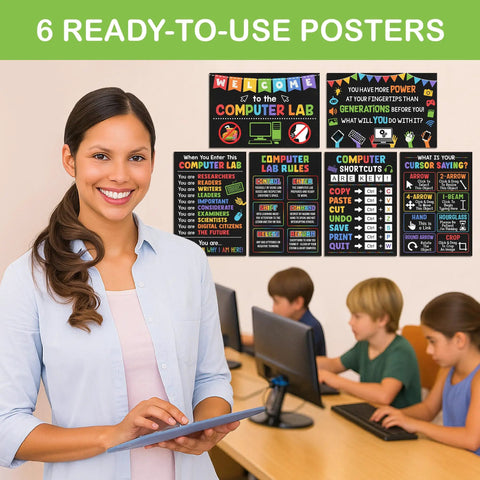 Teacher in classroom with Six Pack Computer Science Classroom Poster Set 11 By 16 Inches Featuring PC Shortcuts and STEM Charts