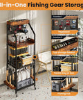 Three-Tier Fishing Rod Rack With Pegboard Hooks And Wooden Top Box, Rolling Garage Storage Organizer That Holds 12 Rods, Tackle Shelf