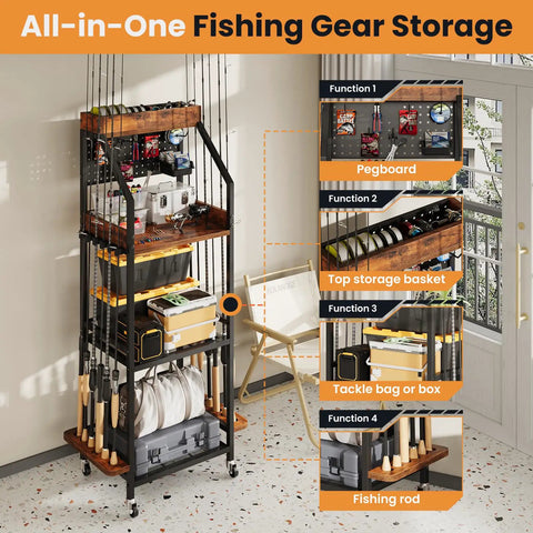 Three-Tier Fishing Rod Rack With Pegboard Hooks And Wooden Top Box, Rolling Garage Storage Organizer That Holds 12 Rods, Tackle Shelf