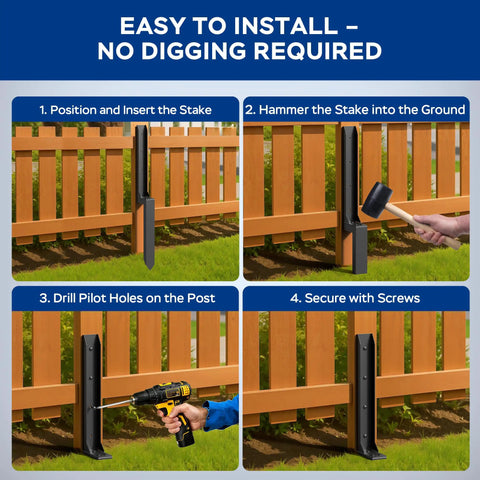 Heavy Duty Fence Post Repair Kit Features Rock Solid 2 Mm Steel Stabilizers To Hold Leaners Tight installation steps with fence post stakes.