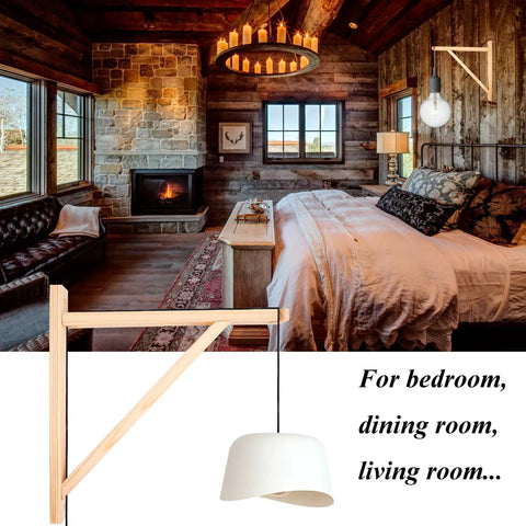 Heavy Duty Wall Mount Wooden Brackets For Pendant Lights And Sconces Hella Sturdy Shelf Supports with white lampshade in rustic bedroom.