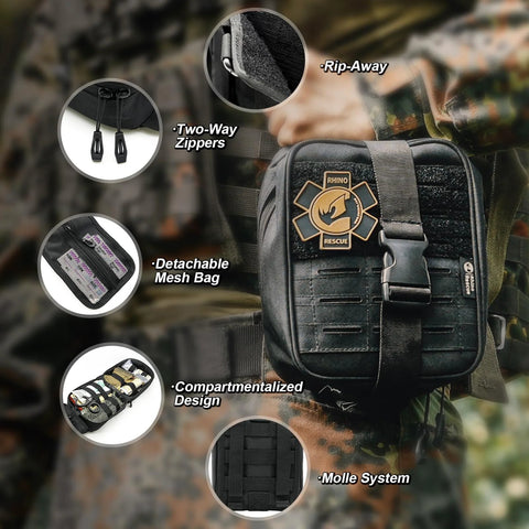 Black Rhino Rescue IFAK trauma kit pouch with MOLLE system on a tactical vest.