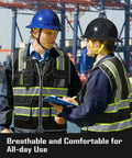 Two men wearing Heavy Duty Reflective Mesh Safety Vest For Men In Black talking on a construction site.