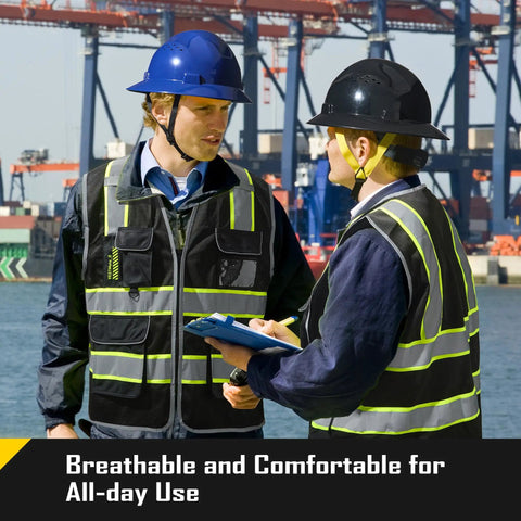 Two men wearing Heavy Duty Reflective Mesh Safety Vest For Men In Black talking on a construction site.