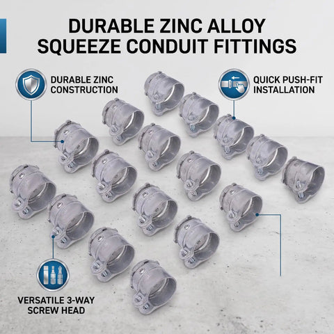Top Tier Squeeze Connectors For Electrical Conduit Three Quarter Inch Zinc Alloy 20 Pack arranged on a flat surface showcasing push-fit design.
