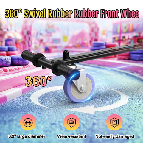 360-degree swivel front wheel on Self Balancing Scooter Seat Attachment With Go Kart For Kids Teens And Adults LED Lights Bluetooth Built In Adjustable Frame Fits 72 To 85 Cm For All Sizes Easy Mount Safe Fun Ride