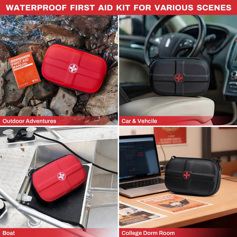 Amazon RHINO RESCUE EVA red waterproof first aid kit; shown in outdoor rocks, car interior, boat deck, and college dorm desk.