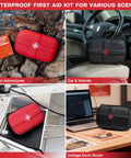 Compact Waterproof First Aid Kit With 130 Piece Emergency Gear For Travel, Hiking, Camping, Car, Home, Dorm, School Or Boat In A Durable EVA Backpack Ready To Go for various scenes.