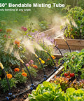 Drip Irrigation System Upgrade Kit with 100 feet of 1/4 inch tubing and 24 adjustable copper nozzles misting a garden