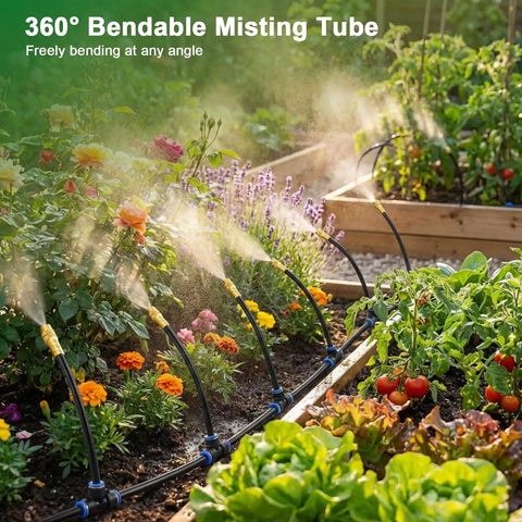 Drip Irrigation System Upgrade Kit with 100 feet of 1/4 inch tubing and 24 adjustable copper nozzles misting a garden