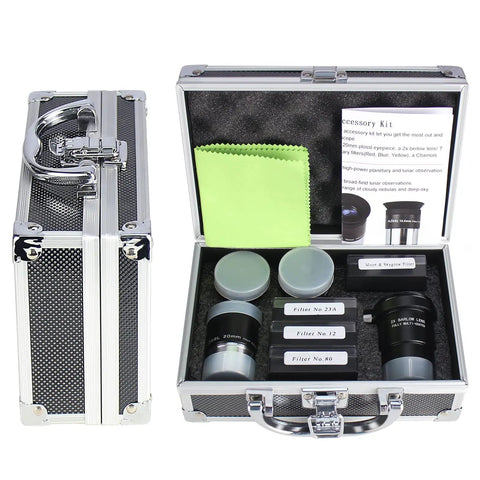 Epic 1.25 Inch Astronomy Accessory Kit with carry case, Plössl eyepieces, Barlow lens, moon and color filters visible inside.