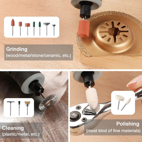 306 Piece Rotary Tool Accessories Kit With Storage Case For Cutting, Sanding, Grinding, Carving, Polishing, Drilling And Engraving - Universal Fit For Dremel And One-Eighth Inch Shank Tools displayed in use on various materials.