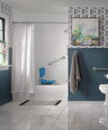 Freestanding Bathroom Shower Chair With 250 Pound Capacity in modern bathroom with blue and white tiles, seen near tub